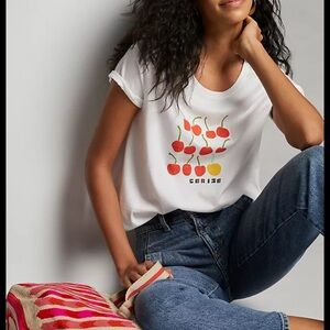 Anthropologie White Tee with Cherry Design
